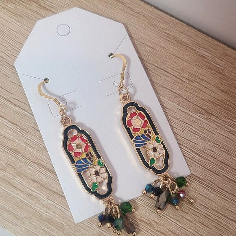 Earrings - Vintage-Inspired Floral Drop Earrings with Multicolor Beads